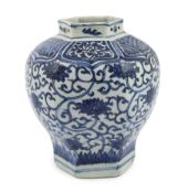 A Chinese Ming blue and white ‘lotus’ hexagonal vase, Wanli period (1572-1620), painted with lotus