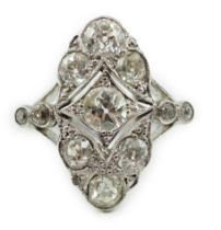 An early 20th century 18ct white gold, platinum and millegrain set old cut diamond cluster ring,