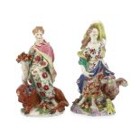 A pair of Bow porcelain groups of Ceres and Juno, c.1758, the figure of Juno standing beside an