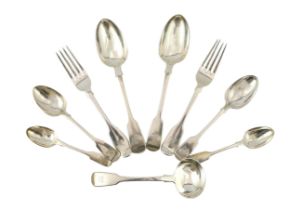 A part canteen of Victorian silver fiddle pattern flatware, by George Adams, with engraved crest,