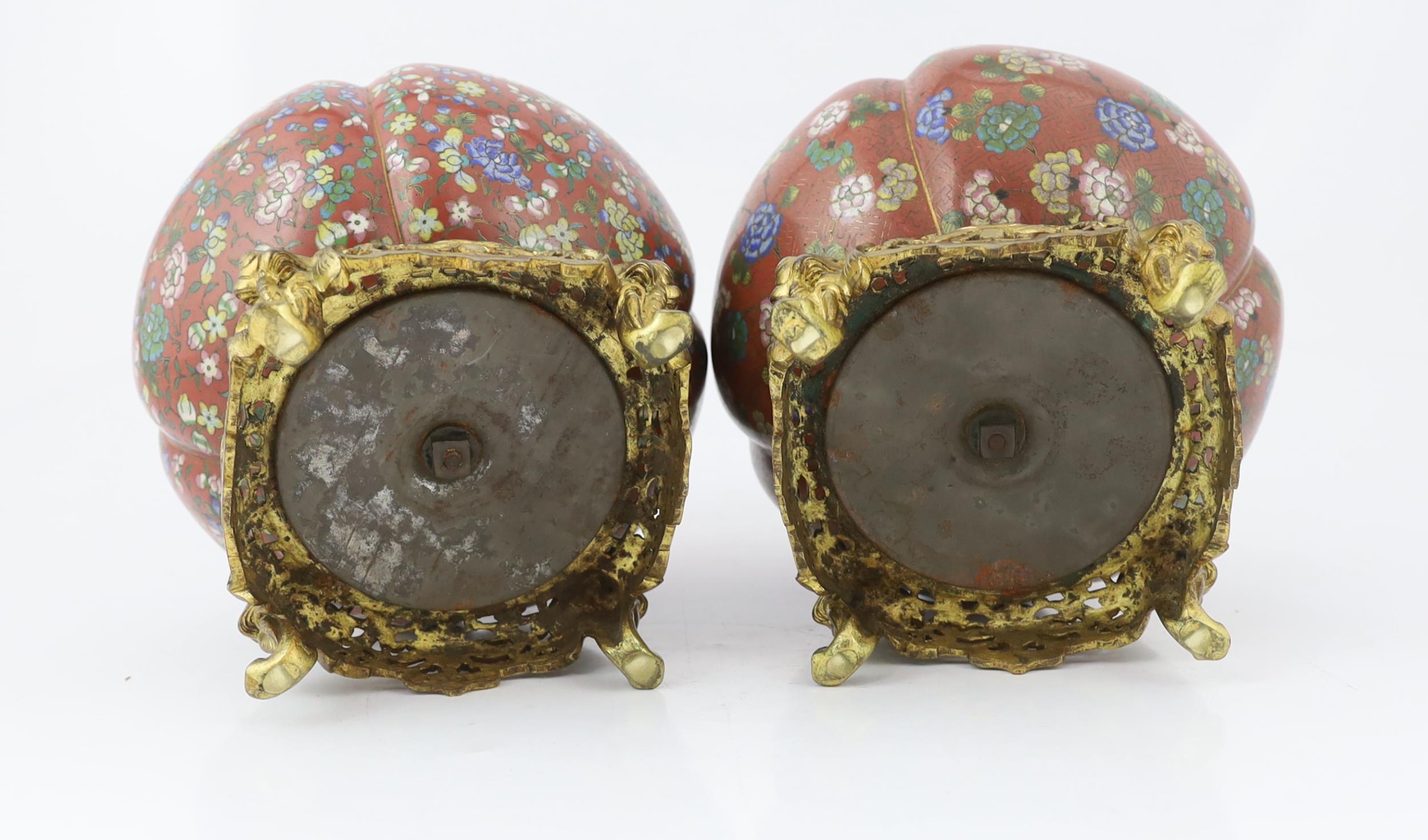 A near pair of Chinese cloisonné enamel and gilt bronze jardinieres, 19th century, each of gourd - Image 4 of 4