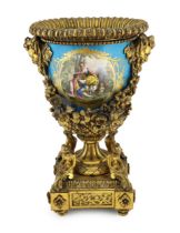 An impressive French Sevres style porcelain and ormolu mounted pedestal vase, 19th century, finely