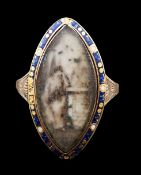 A George III gold and two colour enamel set navette shaped mourning ring, with ivory panel depicting