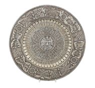 A 20th century Portuguese/Spanish embossed silver charger, with geometric and scroll decoration
