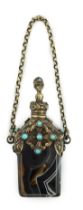 A 19th century continental gilt metal and turquoise cabochon set banded agate scent bottle, with