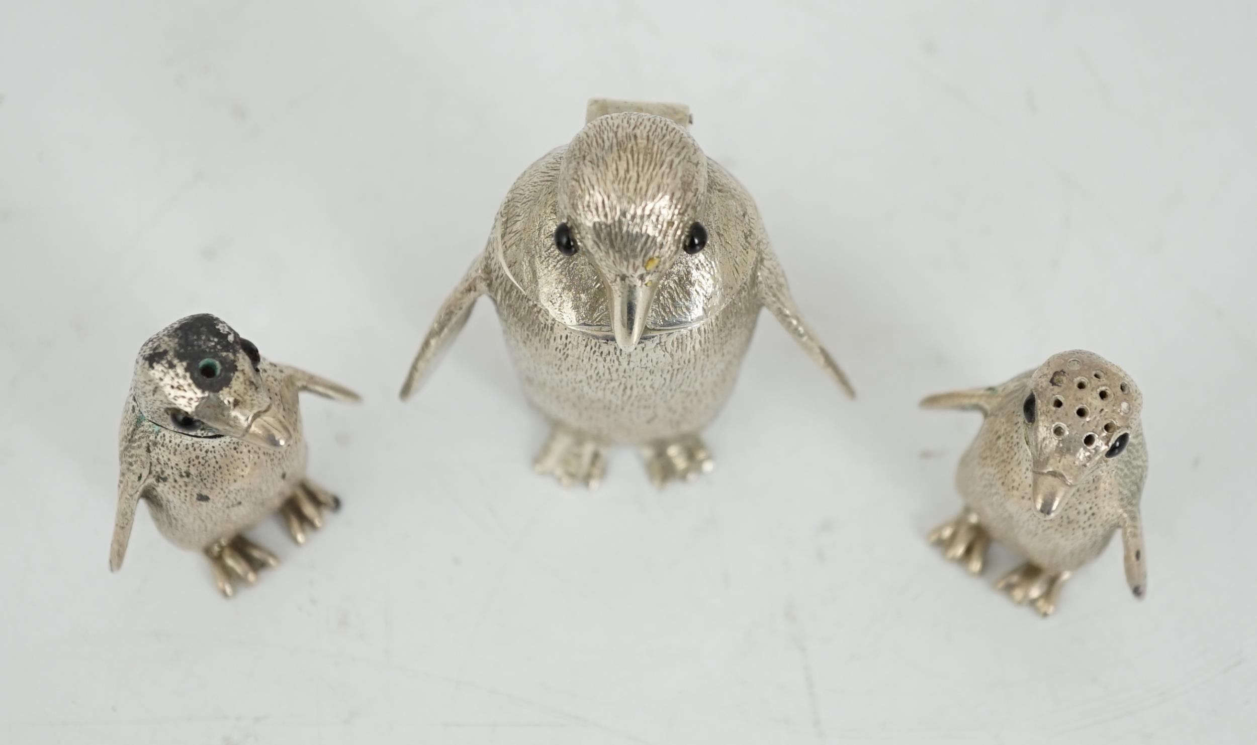 An Elizabeth II graduated suite of three novelty silver condiments, modelled as penguins, by William - Image 8 of 8
