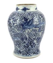 A Chinese blue and white 'Phoenix' baluster vase, Kangxi period, painted with phoenixes amid dense
