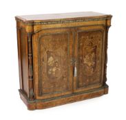 A Victorian marquetry inlaid burr walnut side cabinet of bowfront form, with ormolu mounts and two