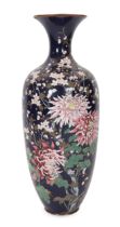 A massive Japanese midnight blue ground cloisonné enamel vase, Meiji period, decorated with