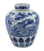 A Chinese blue and white ovoid jar and cover, Kangxi period, painted with panels of flowers,
