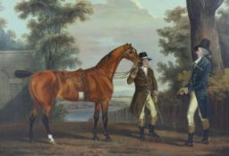 Manner of Thomas Stringer (English, 1722-1790) A gentleman, groom and chestnut horse in a