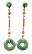 A pair of Art Deco Marzo platinum?, jadeite disc, coral and diamond set drop earrings, signed, 59mm,