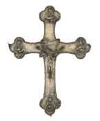 A late 19th / early 20th century continental silver mounted wooden processional crucifix, with