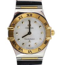 A lady's modern stainless steel and gold plated Omega Constellation quartz wrist watch, on a steel