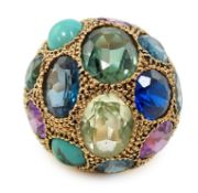 A 20th century Egyptian gold and multi gem set dress ring, of domed form and set with thirteen