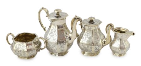 A Victorian engraved silver octagonal four piece silver tea and coffee service, by William Robert