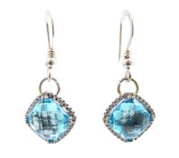 A pair of 375 white gold and facetted square cut blue topaz set drop earrings, with diamond chip set