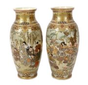 A pair of large Japanese Satsuma pottery 'Samurai' vases, Meiji period, painted to each side with