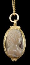 A 19th century engraved gold and inset cameo agate set oval locket, on a fine link gold chain, the