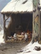 Eugene Remy Maes (Belgian, 1849-1931) Chickens sheltering from the snow in winteroil on
