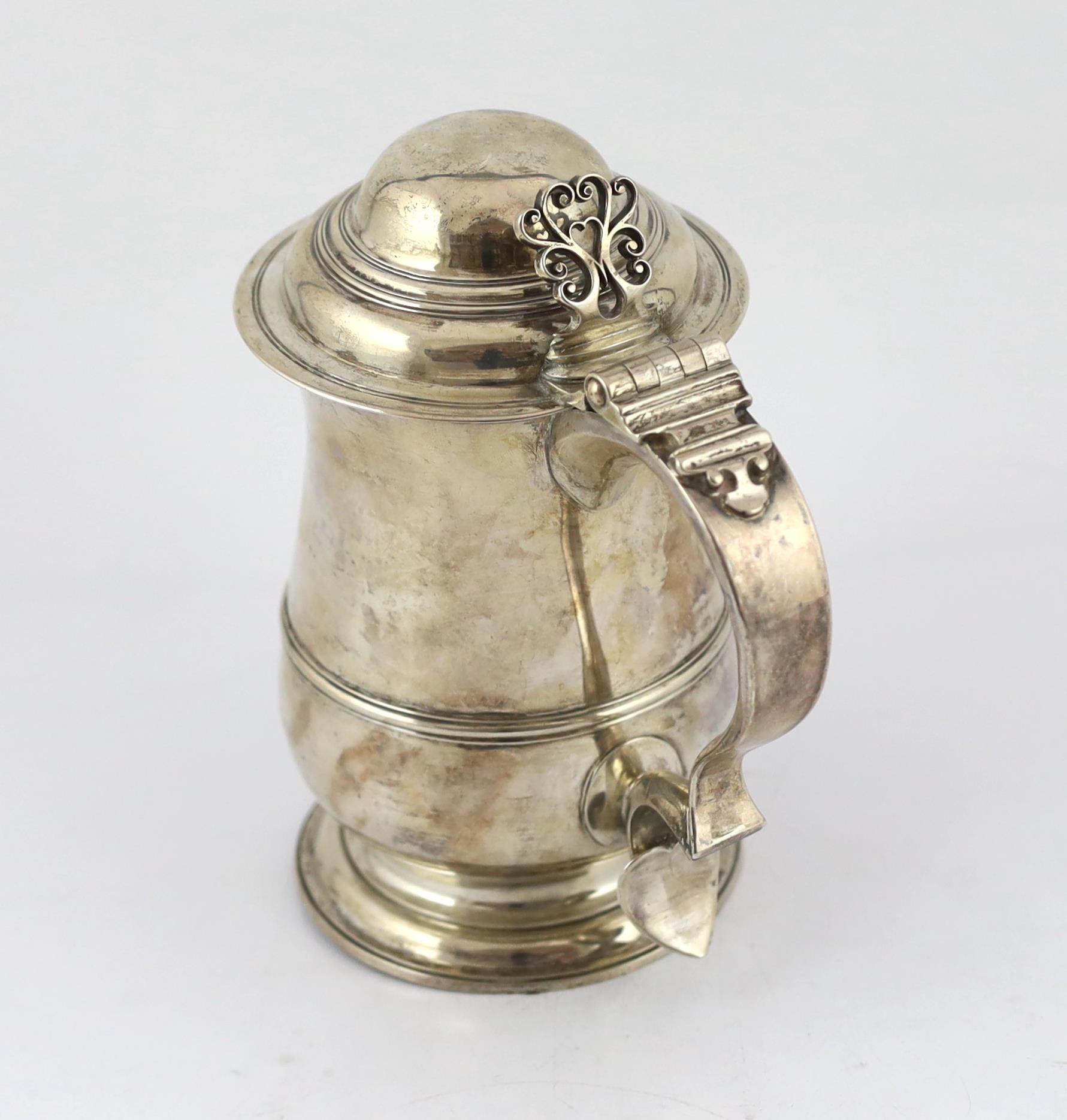 A George III silver tankard by W & J Priest, with hinged domed cover of baluster form, with banded - Image 3 of 5