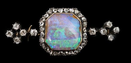 A late Victorian gold and silver, black opal and diamond cluster bar brooch, set with central