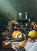 § § Raymond Campbell (English, b.1956) Still life of a green glass roemer and fruit upon a table