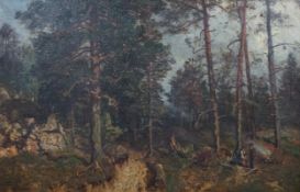 Morten Müller (Norwegian, 1828-1911) Woodmen in a forest clearingoil on canvassigned40 x 62cm***