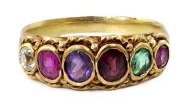 A 19th century gold, two colour enamel and graduated multi gem set 'Regard' half hoop ring, size