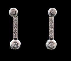A modern pair of 18ct white gold and six stone diamond set line drop earrings, 22mm, gross weight