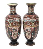 A pair of large Japanese Kyoto cloisonné enamel hexagonal baluster vases, early 20th century, each