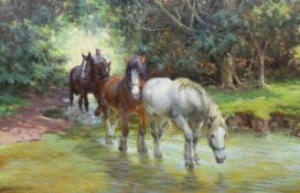 § § Rosemary Sarah Welch (English, b.1946) Horses crossing a streamoil on canvassigned65 x 100cm,