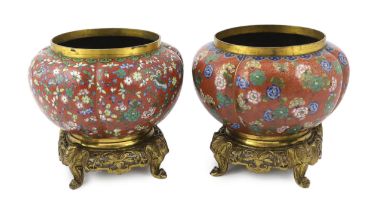 A near pair of Chinese cloisonné enamel and gilt bronze jardinieres, 19th century, each of gourd