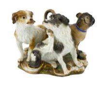 A Meissen group of two terriers and a pug-dog, modelled by Kandler, 19th century, the dogs