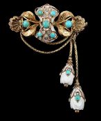 A Victorian engraved gold, white coral and turquoise cluster set tassel drop brooch, width 45mm,