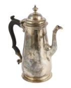 A George III silver coffee pot and hinged cover with turned finial, maker R?, of tapering form,