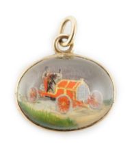 An Edwardian gold and Essex crystal oval fob pendant, commemorating the 1903 Paris-Madrid car