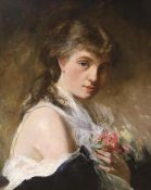 Charles Joshua Chaplin (French, 1825-1891) Portrait of a young beauty holding a bouquet of
