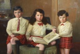 J.W. Beaufort (fl. circa 1920-30) Portrait of three Scottish children in a drawing room, all wearing