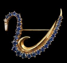 A 1990's 18ct gold, sapphire and diamond cluster brooch, modelled as a swan, set with graduated