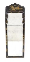 A William and Mary cushion framed lacquer pier mirror, the shaped crest decorated with a chinoiserie