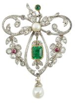 A Belle Epoque gold and platinum, emerald, pearl, ruby and diamond cluster set drop pendant