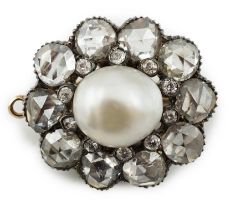 A 19th century gold and silver, single stone natural saltwater part drilled button pearl and rose