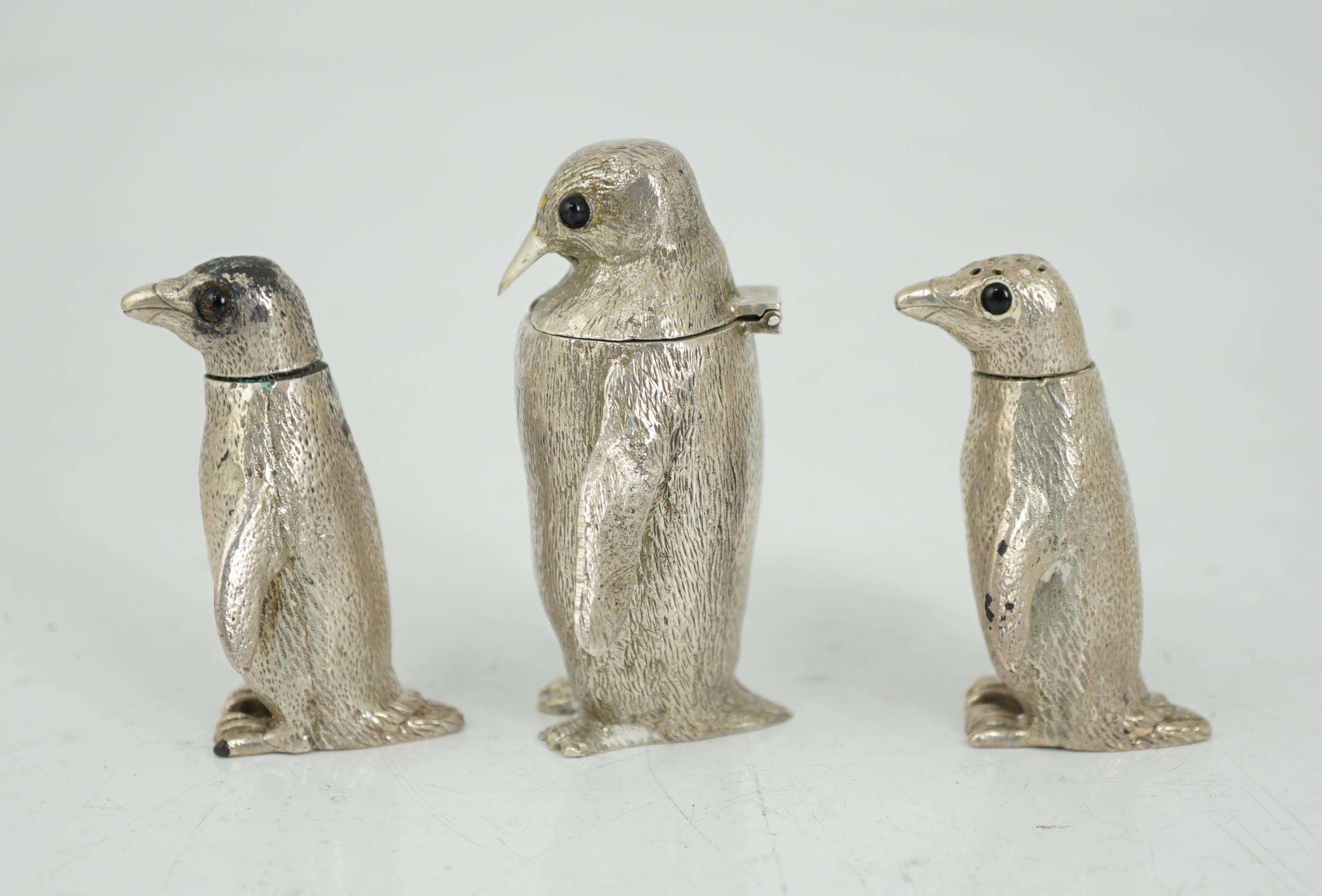 An Elizabeth II graduated suite of three novelty silver condiments, modelled as penguins, by William - Image 2 of 8
