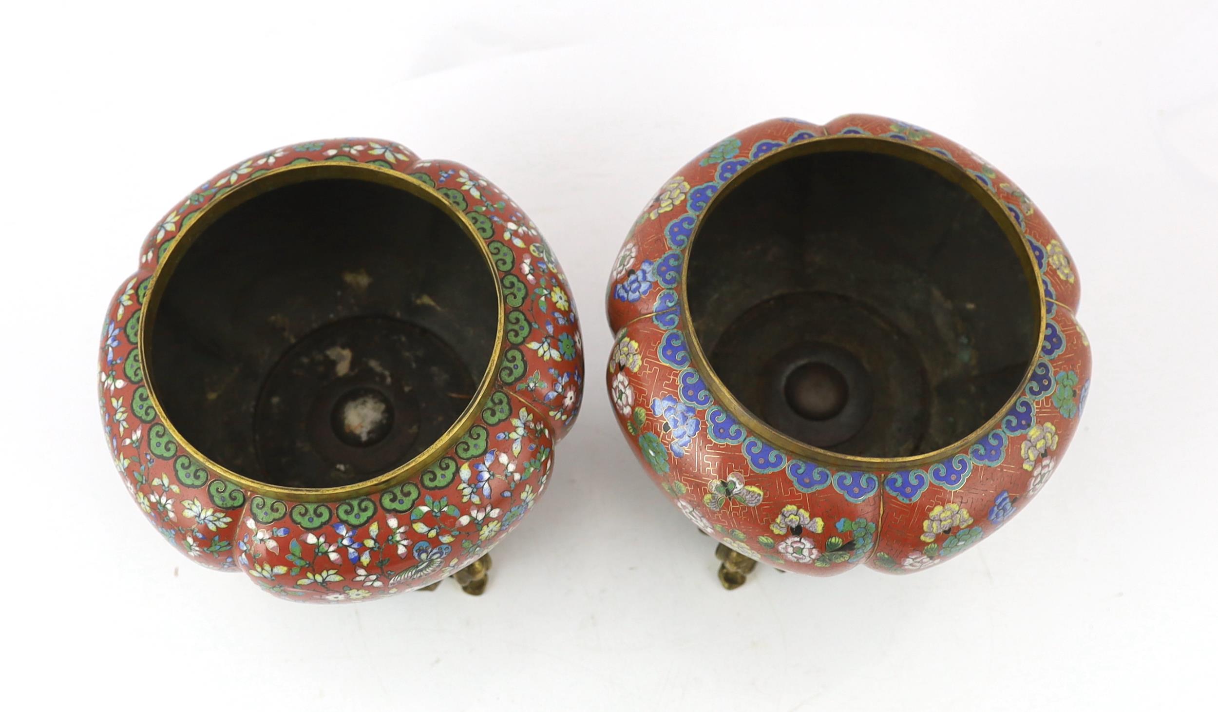 A near pair of Chinese cloisonné enamel and gilt bronze jardinieres, 19th century, each of gourd - Image 3 of 4