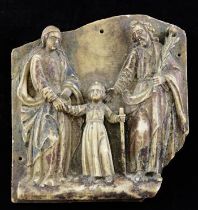 A 15th century Nottingham relief carved alabaster plaque of The Holy Family, The Virgin Mary and