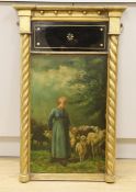 A Pre-raphaelite style oil on board, Shepherdess and sheep, 60 x 38cm, housed in a gilt and glass