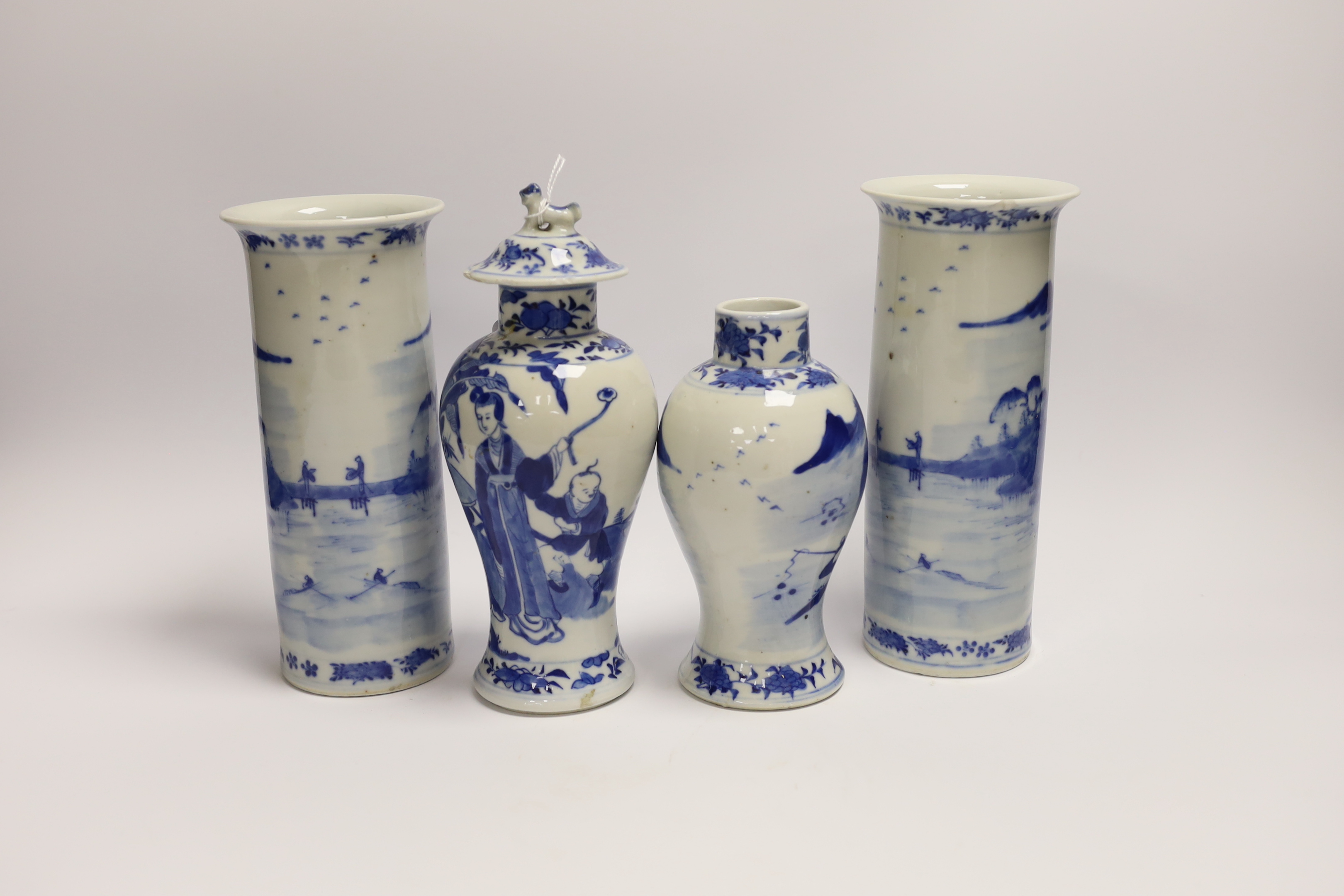 A pair of early 20th century Chinese blue and white sleeve vases and two others, one cover, - Image 2 of 4