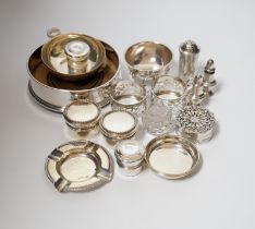 A small collection of sundry small silver including modern silver mounted wine coaster, coffee can