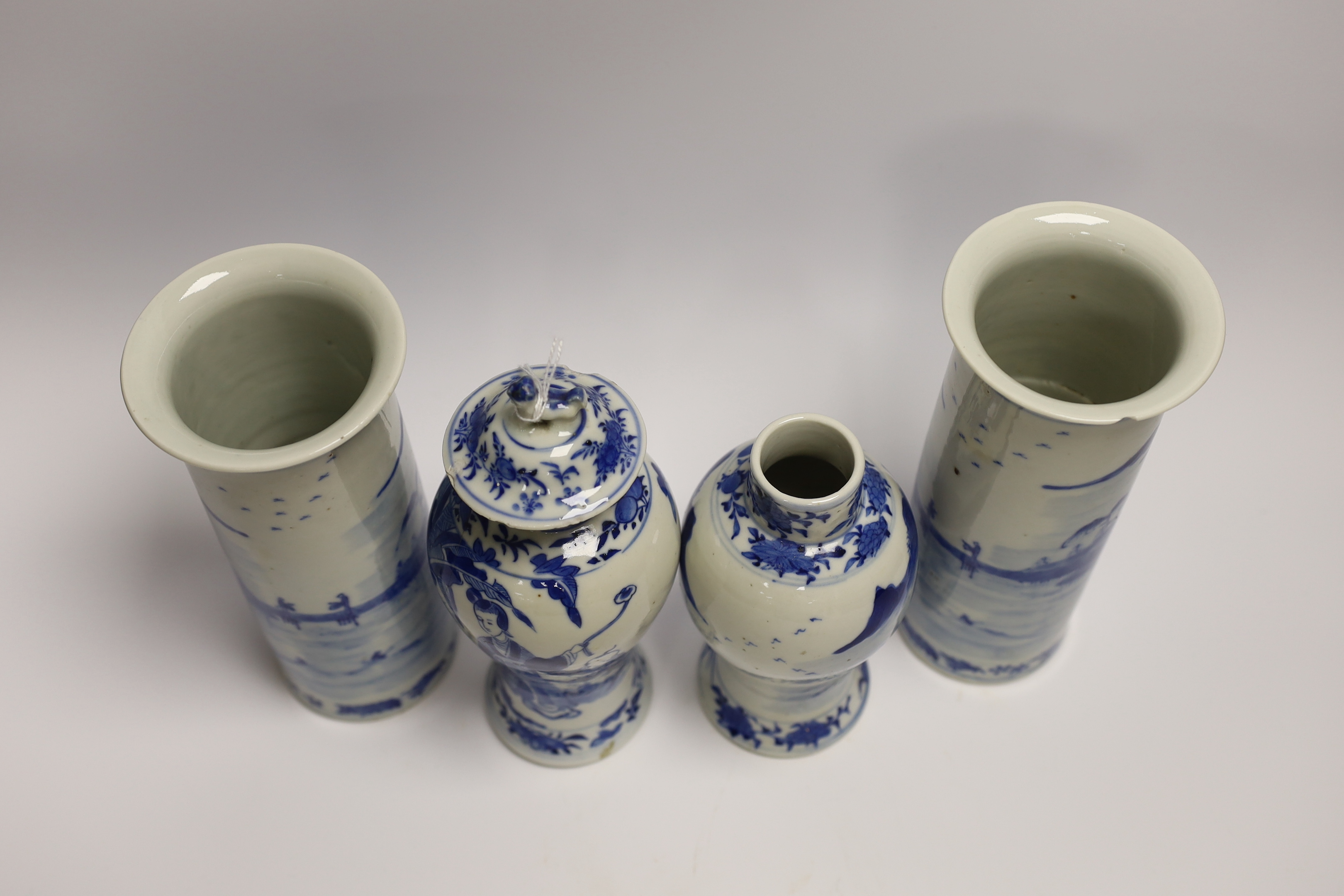 A pair of early 20th century Chinese blue and white sleeve vases and two others, one cover, - Image 3 of 4